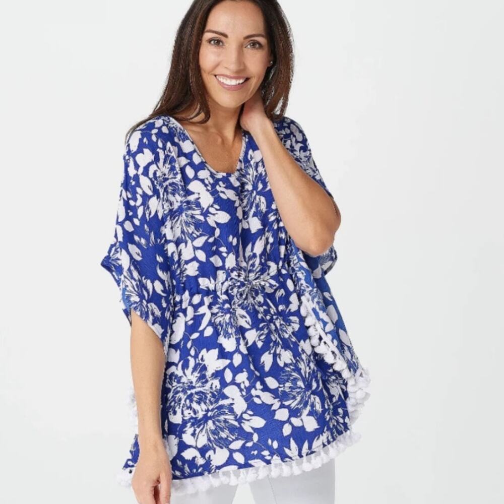 Susan Graver Woven Scarf Top Womens Large Blue White Floral Pom Fringe Kaftan